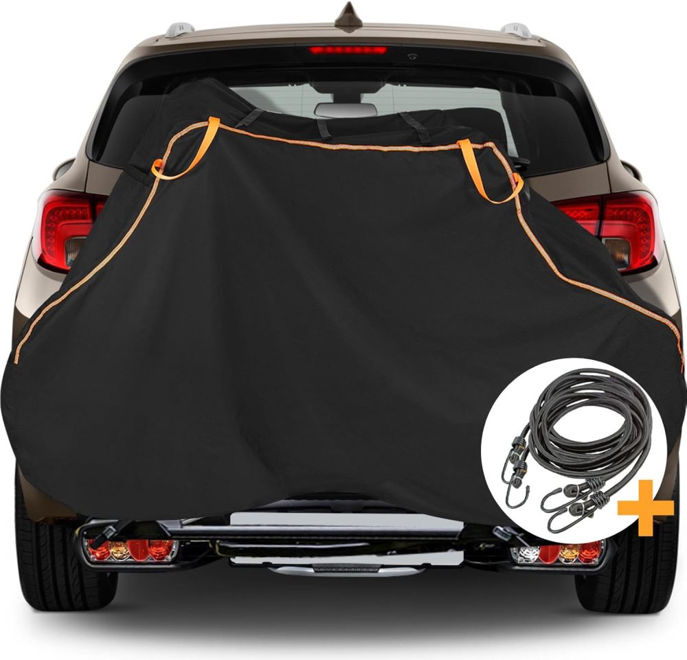 Bike Cover for Transport on Rack 2 Bikes - Upgrade 600D Waterproof Bike Rack Cover with 2 Elastic Cords - Bike Cover on Rear Bike Rack for 2 Standard Bikes - Tear Resistant Bicycle Cover