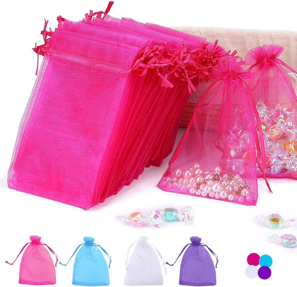 100PCS 4x6 Inches Organza Gift Drawstring Bags Pouch for Jewelry Party Wedding Favor Party Festival Bags (Hot Pink)