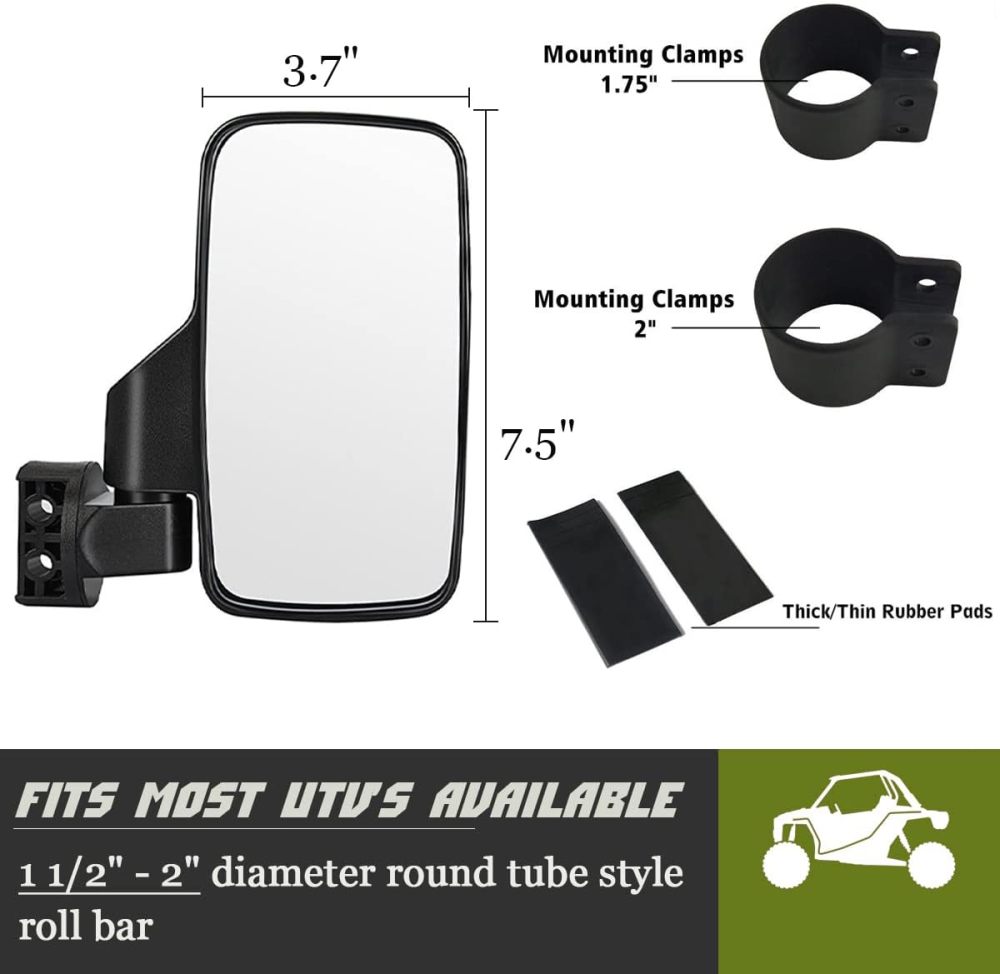 UTV Side View Mirrors for 1.75" and 2" Roll Bar Cage(2 Pack), Adjustable Wide Rear Clear View Mule Mirrors for Polaris RZR, Can-Am, Kawasaki, Kubota, Yamaha, Maver
