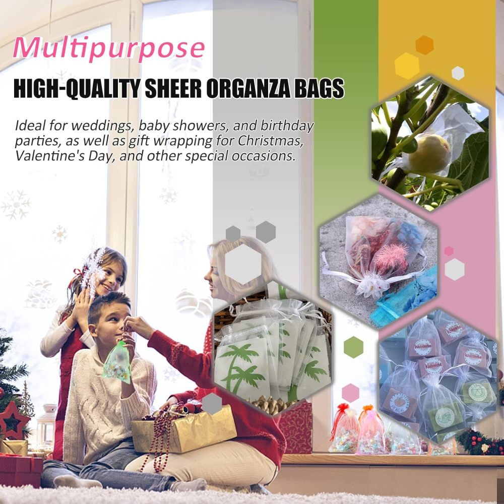 5x7 Inch White Organza Gift Bags, 100PCS Premium Sheer Mesh Drawstring Pouch for Jewelry Candy Party Wedding Favor