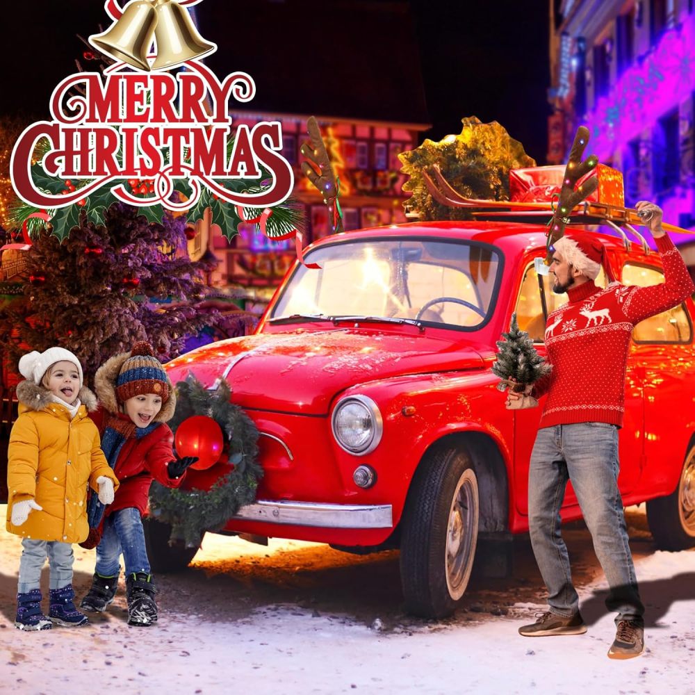 Charming Christmas Car Decoration, Festive Reindeer Car Kit, Car Reindeer Antlers & Nose, Christmas Lights for Car, Nice Gift for Families & Friends, Suitable for Jeeps, Trucks, Golf Carts...