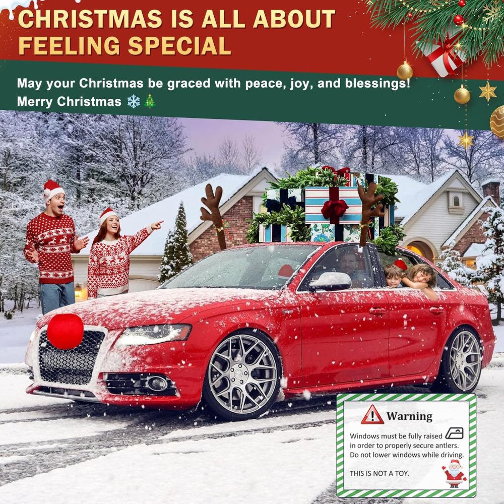 16.7 Inch Dark Brown Christmas Reindeer Car Kit - Christmas Reindeer Car Kit with 4 Adorable Car Seat Santa Hat, Christmas Decorations for Car Perfect for Various Car Models