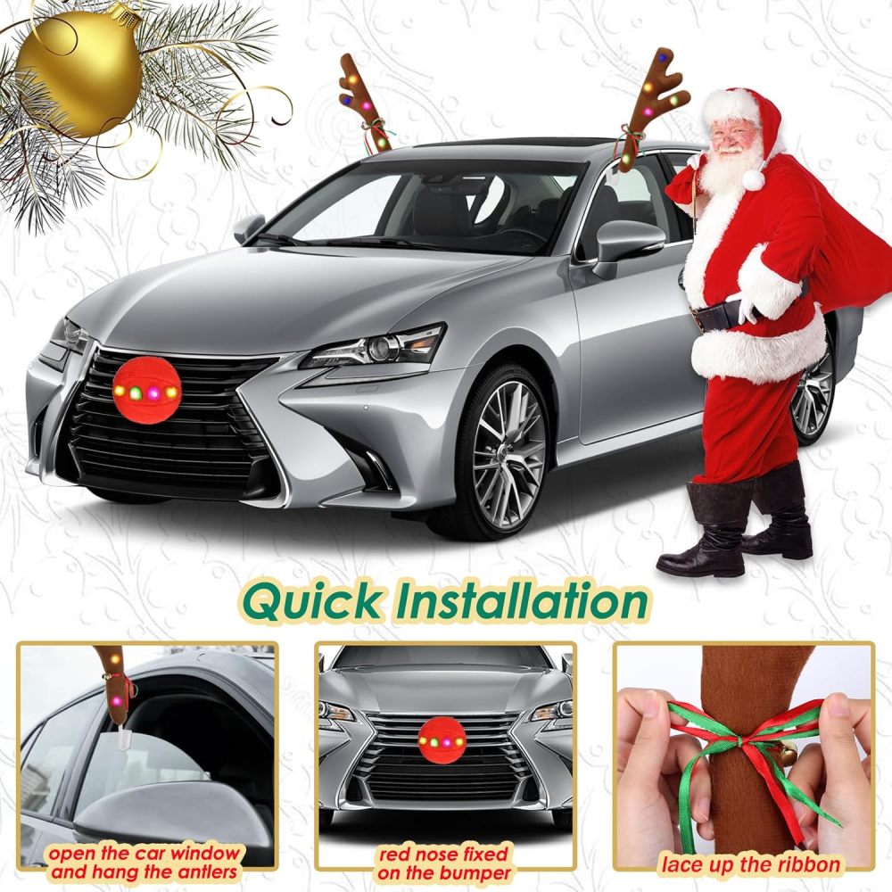 Festive LED Reindeer Car Decoration Set - 15.5in Adorable Christmas Lights and LED Reindeer for Car Decorating, Christmas Car Lights with Jingle Bells, Eye-Catching Car Reindeer LED Lights