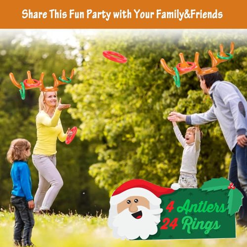 Inflatable Reindeer Antler Ring Toss Game for Christmas Party Supplies Xmas Target Game Toy for Kids & Adults (2 Version Choice; 2 Antlers & 16 Rings OR 4 Antlers & 24 Rings)