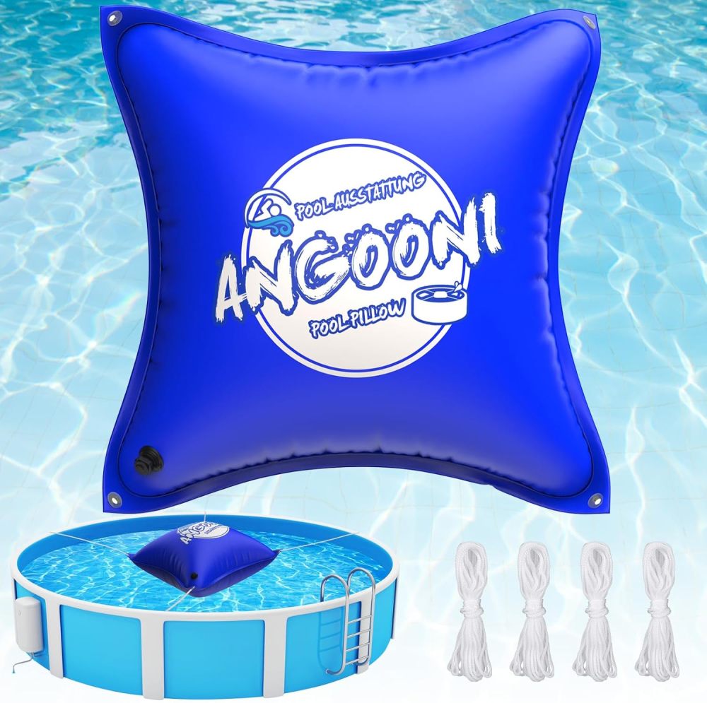 4’x4’ Heavy-Duty Pool Pillow with 4x20ft Ropes - 0.4mm Thick PVC Pool Pillows for Winter with Boston Dual-Inflation Valve, Cold-Resistant Pool Pillows for Above Ground Pools, No Leakage