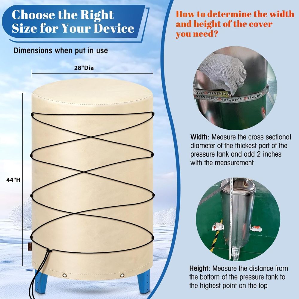 Insulated Well Pressure Tank Cover Aluminum Foil (5℉) - 28"Dia x 44"H Industrial 600D Outdoor Well Water Tank Insulation Blanket, Anti-UV Winter-Freeze Water Well Pump Cover, Beige