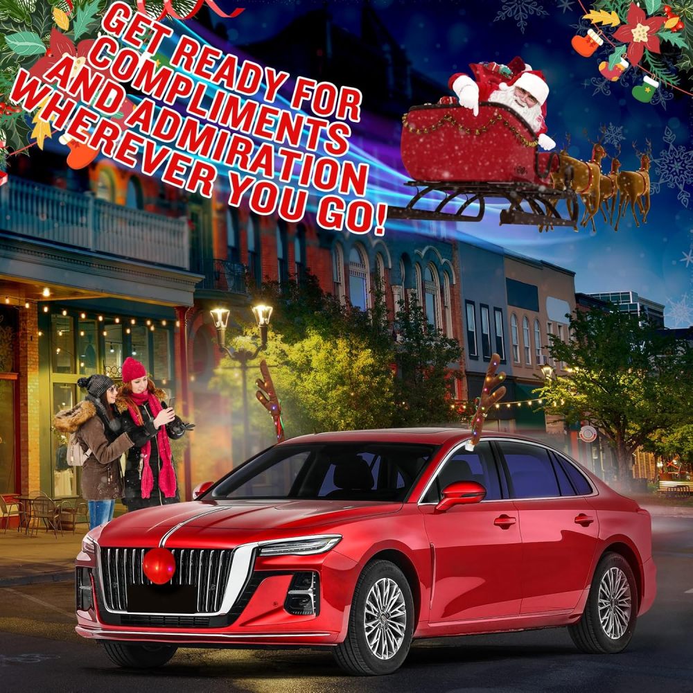 Charming Christmas Car Decoration, Festive Reindeer Car Kit, Car Reindeer Antlers & Nose, Christmas Lights for Car, Nice Gift for Families & Friends, Suitable for Jeeps, Trucks, Golf Carts...