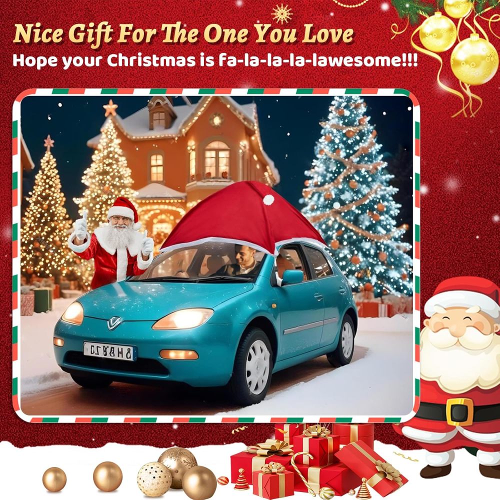 Festive Car Christmas Hat - 79”L x 74”W Christmas Decorations for Car, Cute Christmas Car Accessories Christmas Car Cover, Xmas Santa Claus Hat Decor for Jeeps, Trucks, Golf Carts..