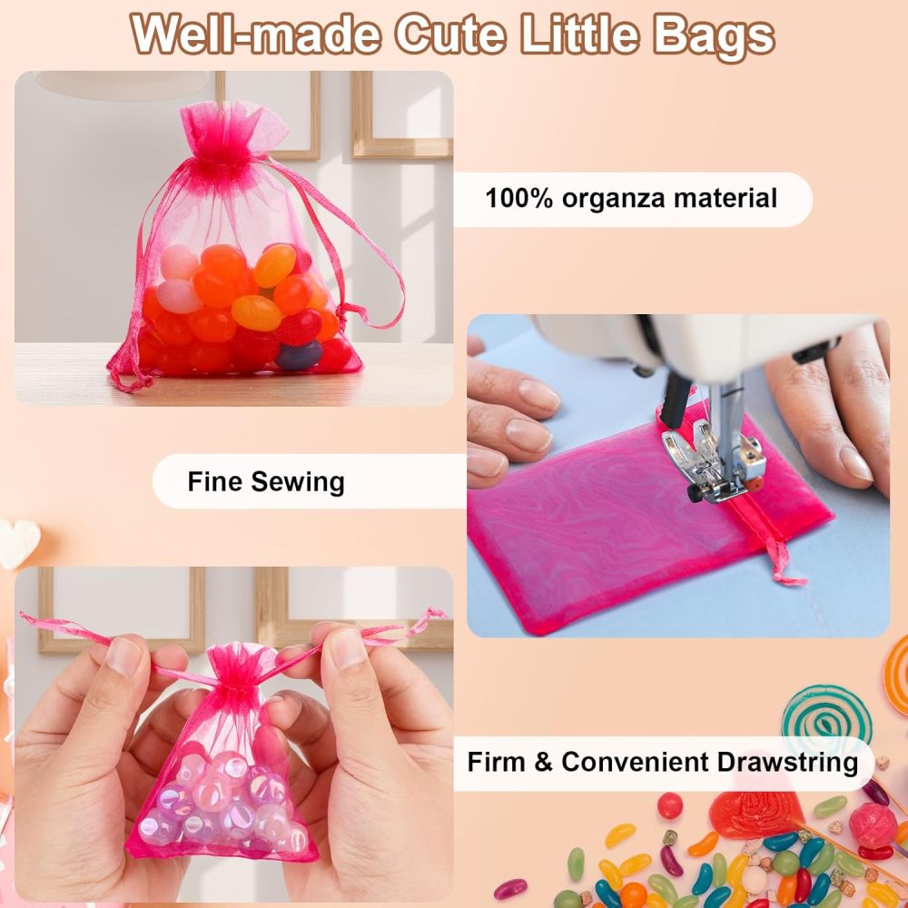 Angooni 60PCS 3x4 Inch Organza Gift Bags for Jewelry Party Wedding Favor, Premium Sheer Gift Drawstring Pouch Candy Bags(Pink)