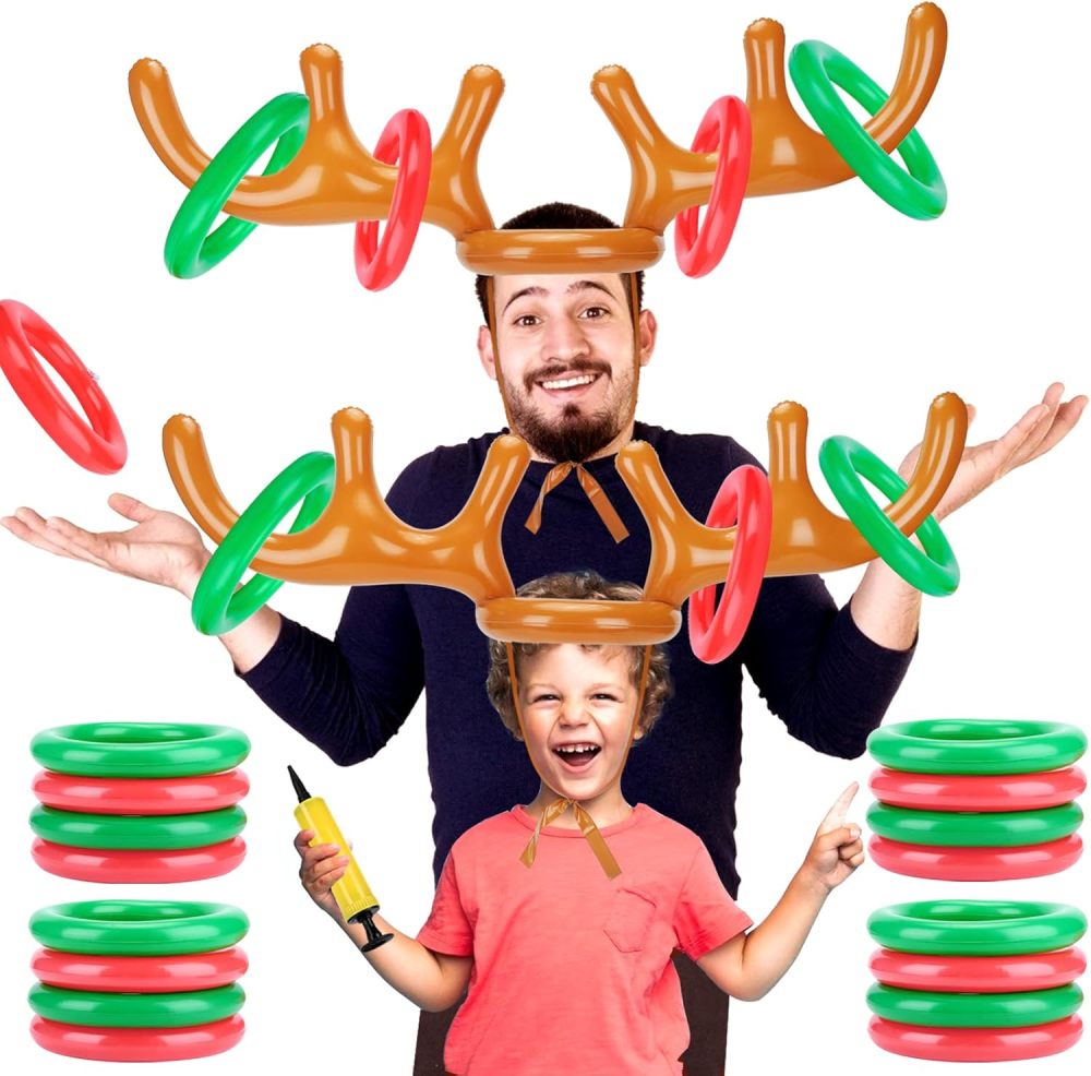 Inflatable Reindeer Antler Ring Toss Game for Christmas Party Supplies Xmas Target Game Toy for Kids & Adults (2 Version Choice; 2 Antlers & 16 Rings OR 4 Antlers & 24 Rings)