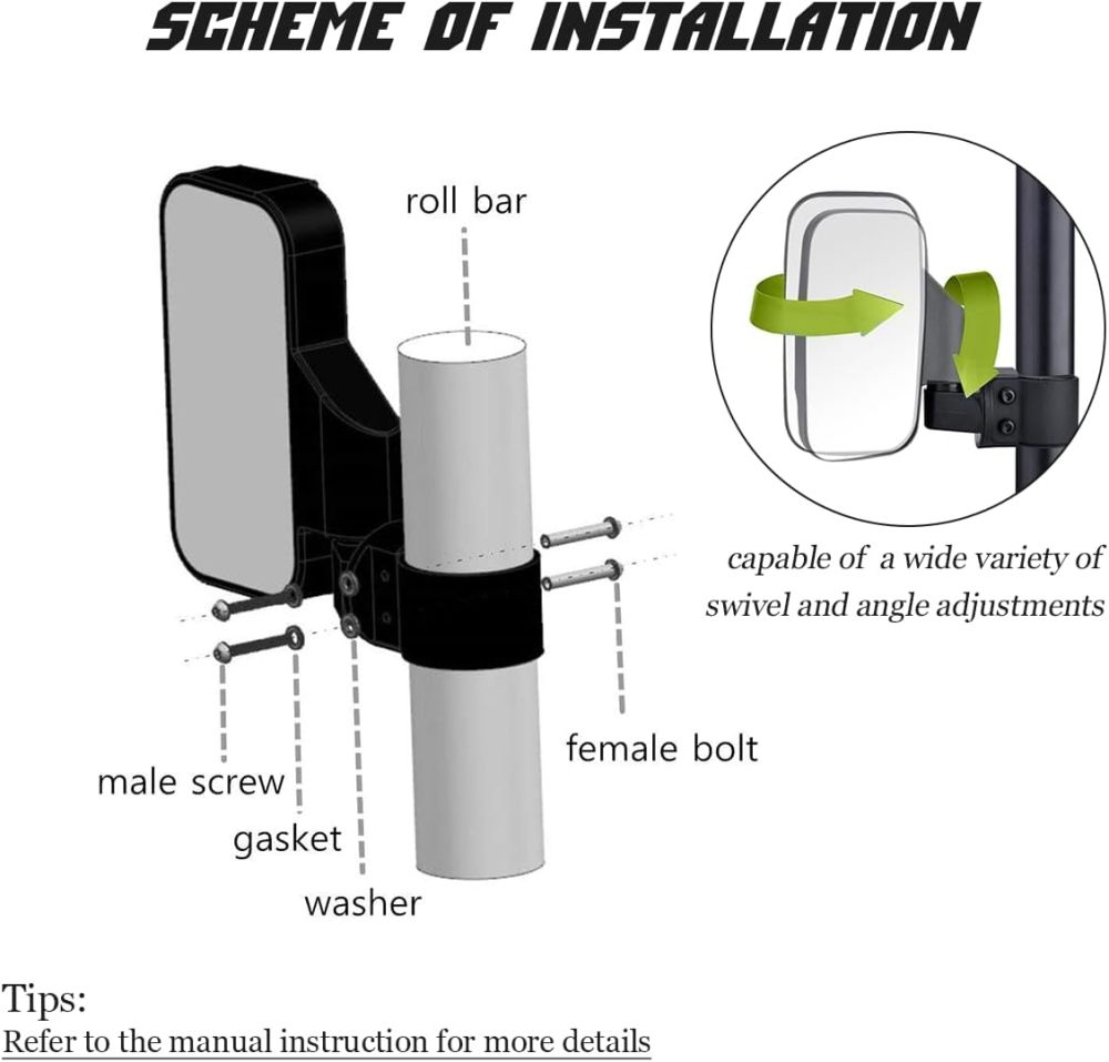 UTV Side View Mirrors for 1.75" and 2" Roll Bar Cage(2 Pack), Adjustable Wide Rear Clear View Mule Mirrors for Polaris RZR, Can-Am, Kawasaki, Kubota, Yamaha, Maver