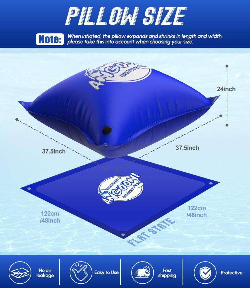4’x4’ Heavy-Duty Pool Pillow with 4x20ft Ropes - 0.4mm Thick PVC Pool Pillows for Winter with Boston Dual-Inflation Valve, Cold-Resistant Pool Pillows for Above Ground Pools, No Leakage