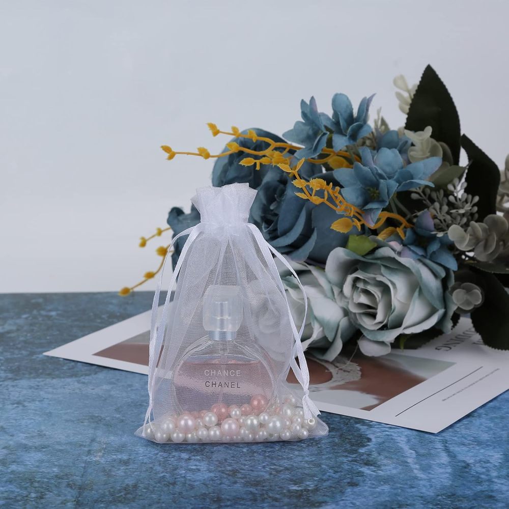 5x7 Inch White Organza Gift Bags, 100PCS Premium Sheer Mesh Drawstring Pouch for Jewelry Candy Party Wedding Favor
