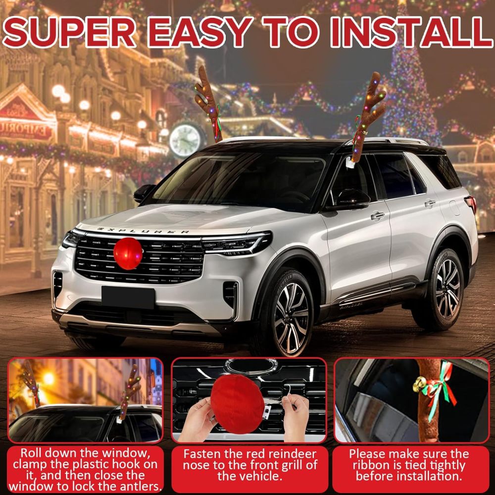 Charming Christmas Car Decoration, Festive Reindeer Car Kit, Car Reindeer Antlers & Nose, Christmas Lights for Car, Nice Gift for Families & Friends, Suitable for Jeeps, Trucks, Golf Carts...