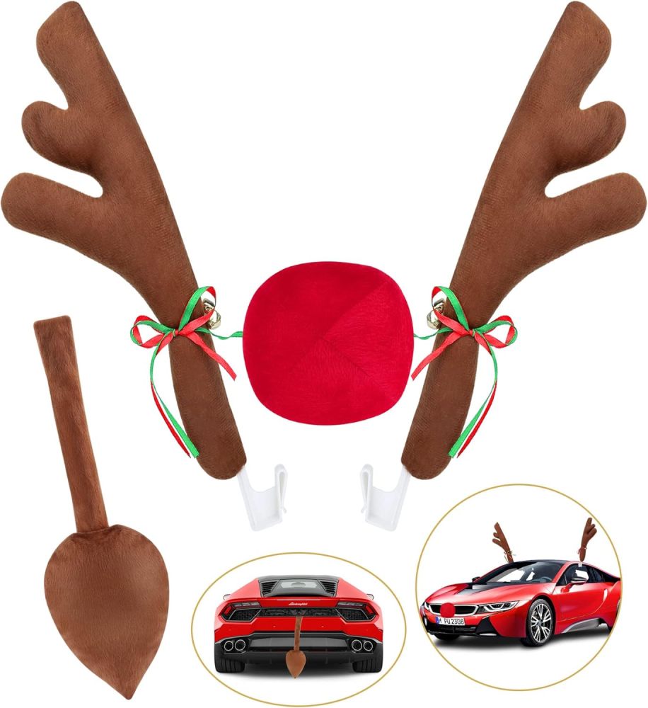 Upgraded Car Reindeer Antler Kit Christmas Rudolph Auto Decorations, Rudolph Auto Accessories with Tail, Nose - Add Holiday Spirit