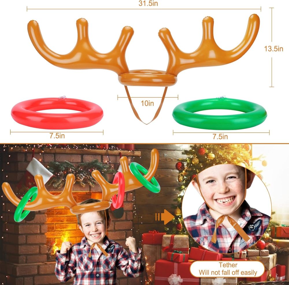 Inflatable Reindeer Antler Ring Toss Game for Christmas Party Supplies Xmas Target Game Toy for Kids & Adults (2 Version Choice; 2 Antlers & 16 Rings OR 4 Antlers & 24 Rings)