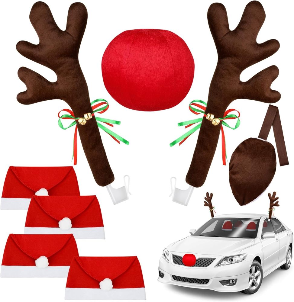16.7 Inch Dark Brown Christmas Reindeer Car Kit - Christmas Reindeer Car Kit with 4 Adorable Car Seat Santa Hat, Christmas Decorations for Car Perfect for Various Car Models