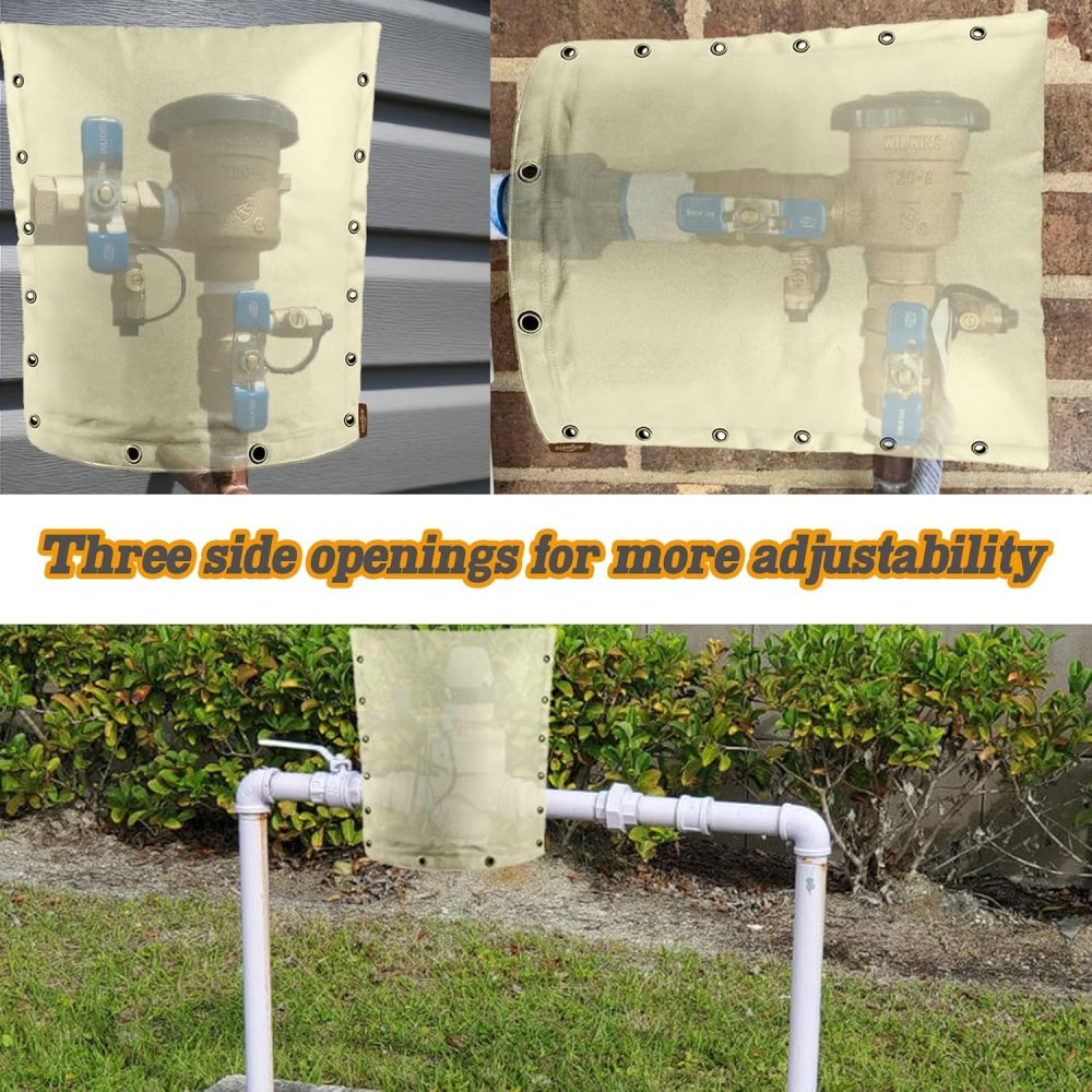 Upgraded 17" W x 20" H Backflow Insulation Cover Aluminum Foil (5℉) - 3-Way Opening Industrial 600D Winter-Freeze Backflow Covers for Outside, Anti-UV Water Well Pump Cover, Beige