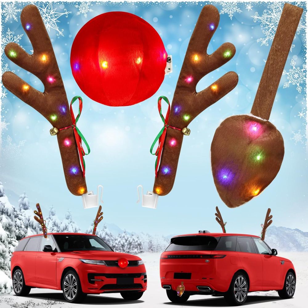 Charming Christmas Car Decoration, Festive Reindeer Car Kit, LED Reindeer Christmas Decoration for Car, Nice Gift for Families & Friends, Suitable for Jeeps, Trucks, Golf Carts...