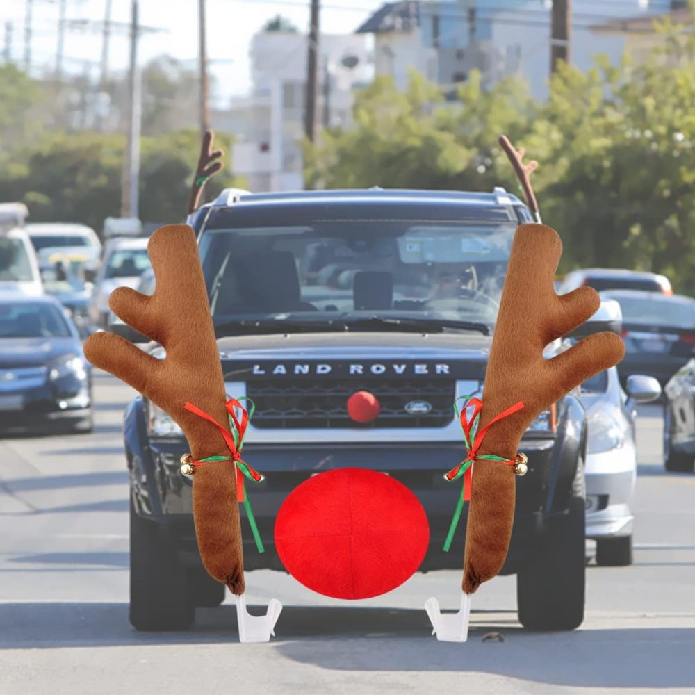 Christmas Reindeer Antlers & Nose for Car Auto Decoration, Cute Rudolph Reindeer Jingle Bell Added to Holiday Spirit(Large Size)