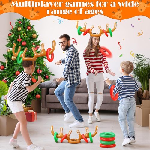 Inflatable Reindeer Antler Ring Toss Game for Christmas Party Supplies Xmas Target Game Toy for Kids & Adults (2 Version Choice; 2 Antlers & 16 Rings OR 4 Antlers & 24 Rings)