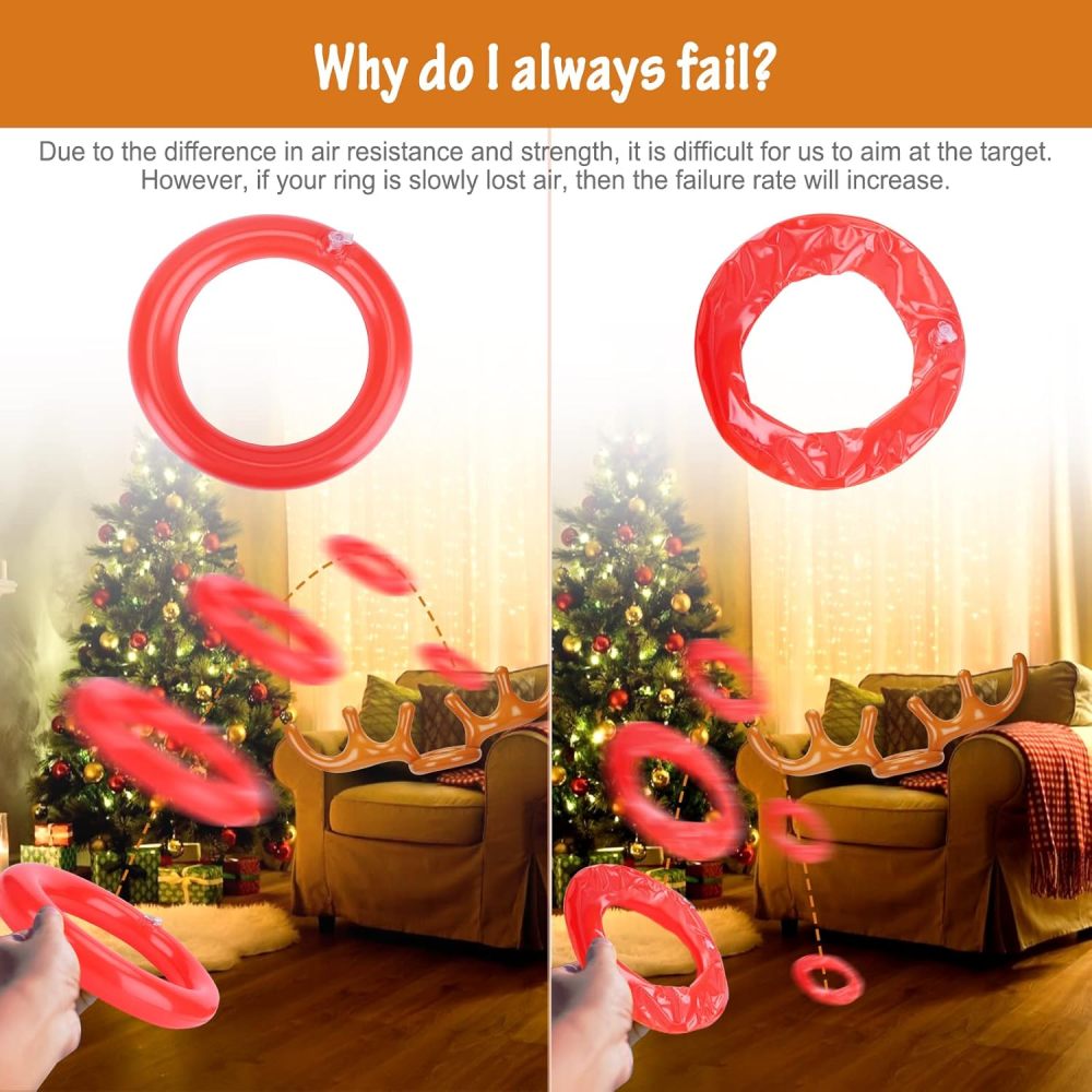 Inflatable Reindeer Antler Ring Toss Game for Christmas Party Supplies Xmas Target Game Toy for Kids & Adults (2 Version Choice; 2 Antlers & 16 Rings OR 4 Antlers & 24 Rings)