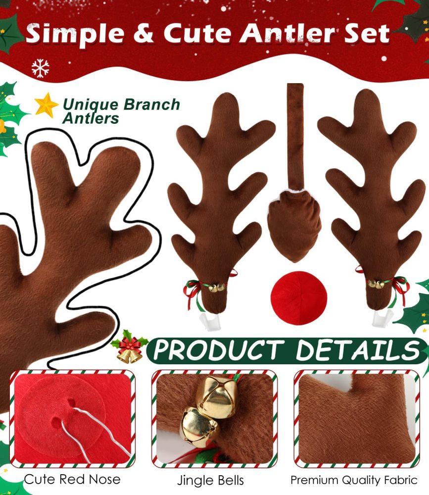 Branch-Shaped 16" Christmas Antlers for Car - Brown Christmas Reindeer Car Kit, Adorable Christmas Decorations for Car, Suitable for Jeeps, Trucks, Golf Carts..
