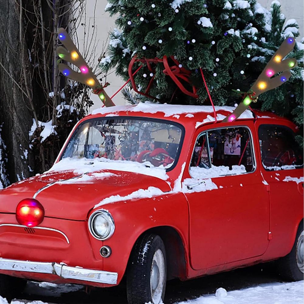 Festive LED Reindeer Car Decoration Set - 15.5in Adorable Christmas Lights and LED Reindeer for Car Decorating, Christmas Car Lights with Jingle Bells, Eye-Catching Car Reindeer LED Lights