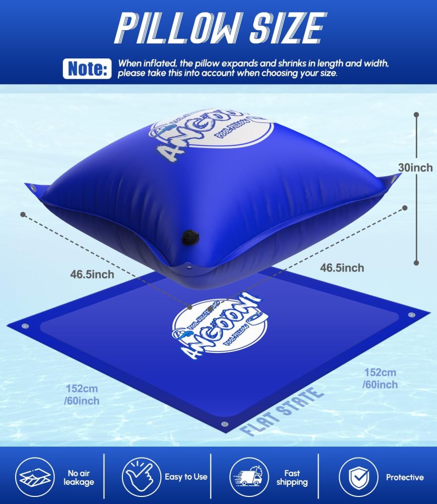 5x5FT Heavy-Duty Pool Pillow with Sturdy Ropes - 0.4mm Thick PVC Pool Pillows for Winter with Boston Dual-Inflation Valve - Pool Closing Pillow for Above Ground Pools, No Leakage