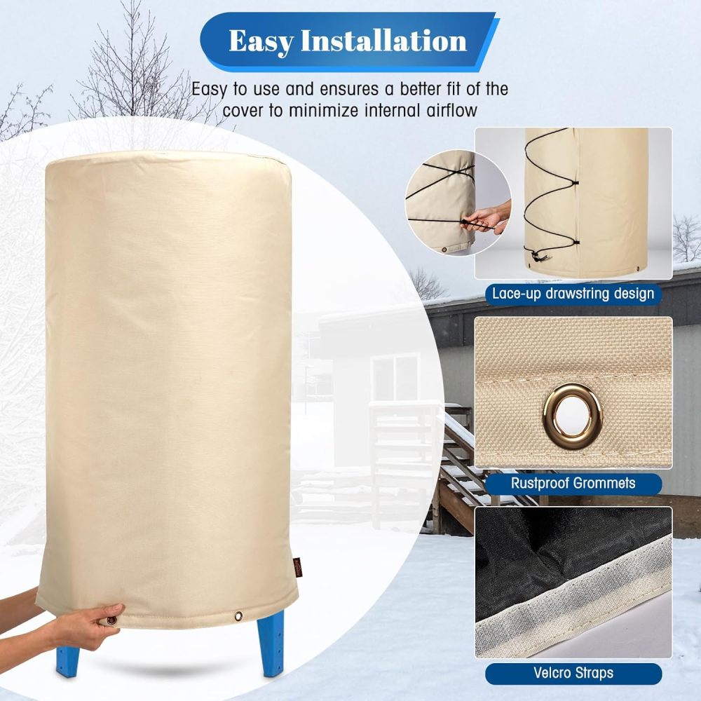 Insulated Well Pressure Tank Cover Aluminum Foil (5℉) - 28"Dia x 44"H Industrial 600D Outdoor Well Water Tank Insulation Blanket, Anti-UV Winter-Freeze Water Well Pump Cover, Beige