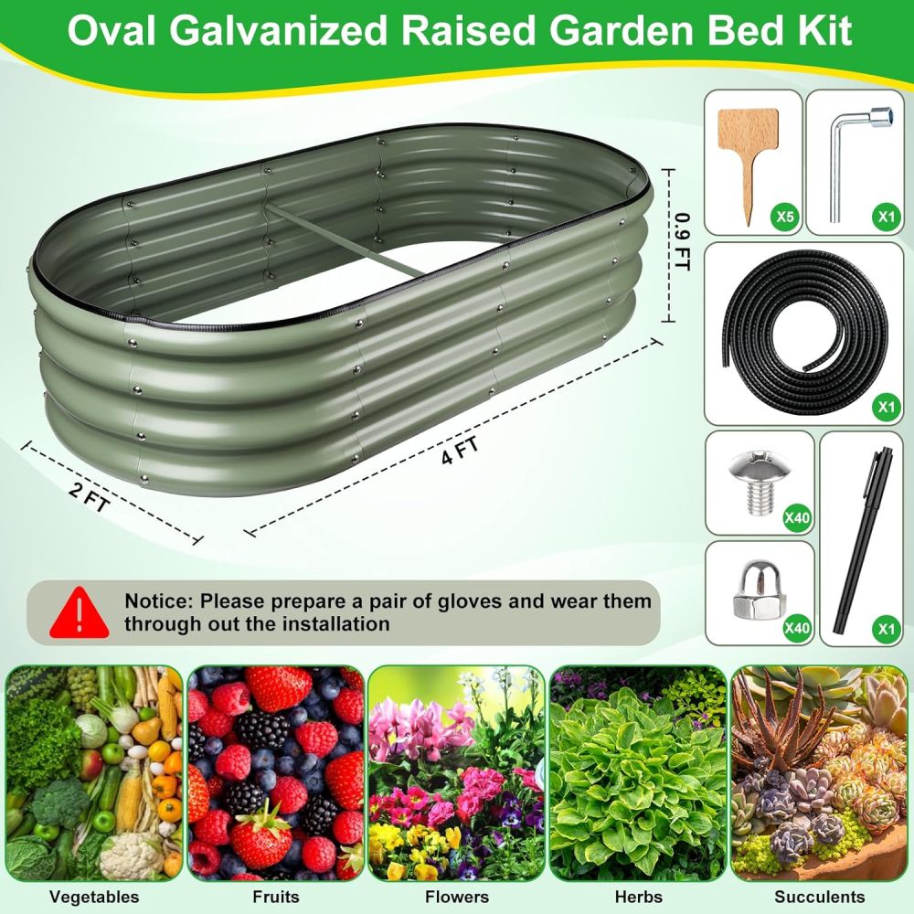 Olive Green 4x2x0.9ft Raised Garden Bed, Deep Metal Garden Bed, Large Galvanized Raised Garden Beds Outdoor, Raised Planter Box Kit for Vegetables, Flowers, Fruits