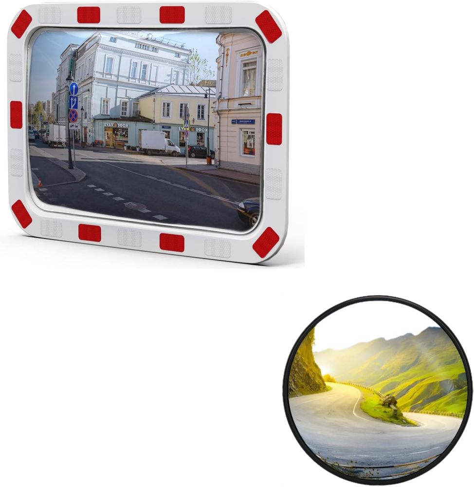 24" Unbreakable PC Mirror & 24" Reflective Rectangular Mirror - Adjustable Blind Spot Mirror, Traffic Mirror, Security Mirror Indoor and Outdoor, Parabolic Safety Mirror