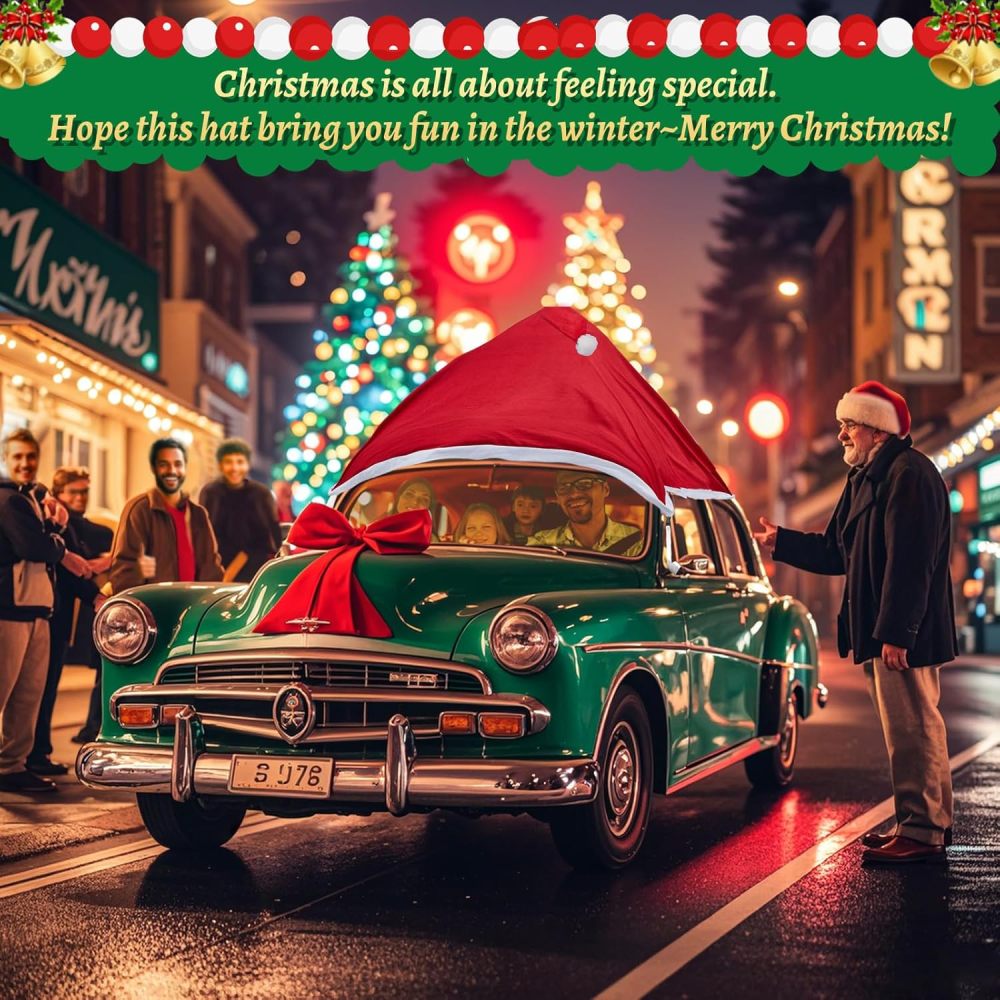 Festive Car Christmas Hat - 79”L x 74”W Christmas Decorations for Car, Cute Christmas Car Accessories Christmas Car Cover, Xmas Santa Claus Hat Decor for Jeeps, Trucks, Golf Carts..