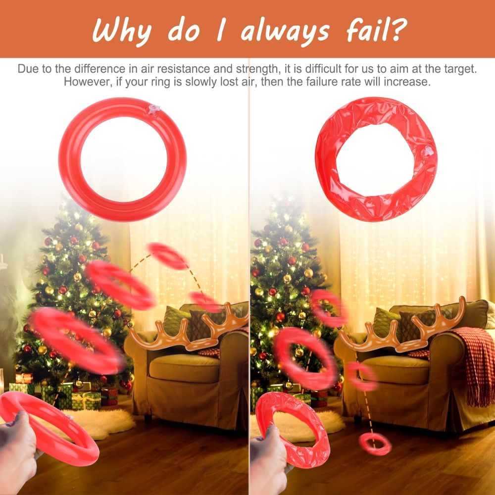 Inflatable Reindeer Antler Ring Toss Game for Christmas Party Supplies - Christmas Reindeer Game with Red Nose, Xmas Target Game Toy