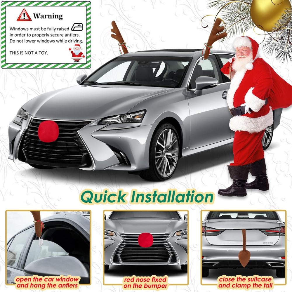 Upgraded Car Reindeer Antler Kit Christmas Rudolph Auto Decorations, Rudolph Auto Accessories with Tail, Nose - Add Holiday Spirit