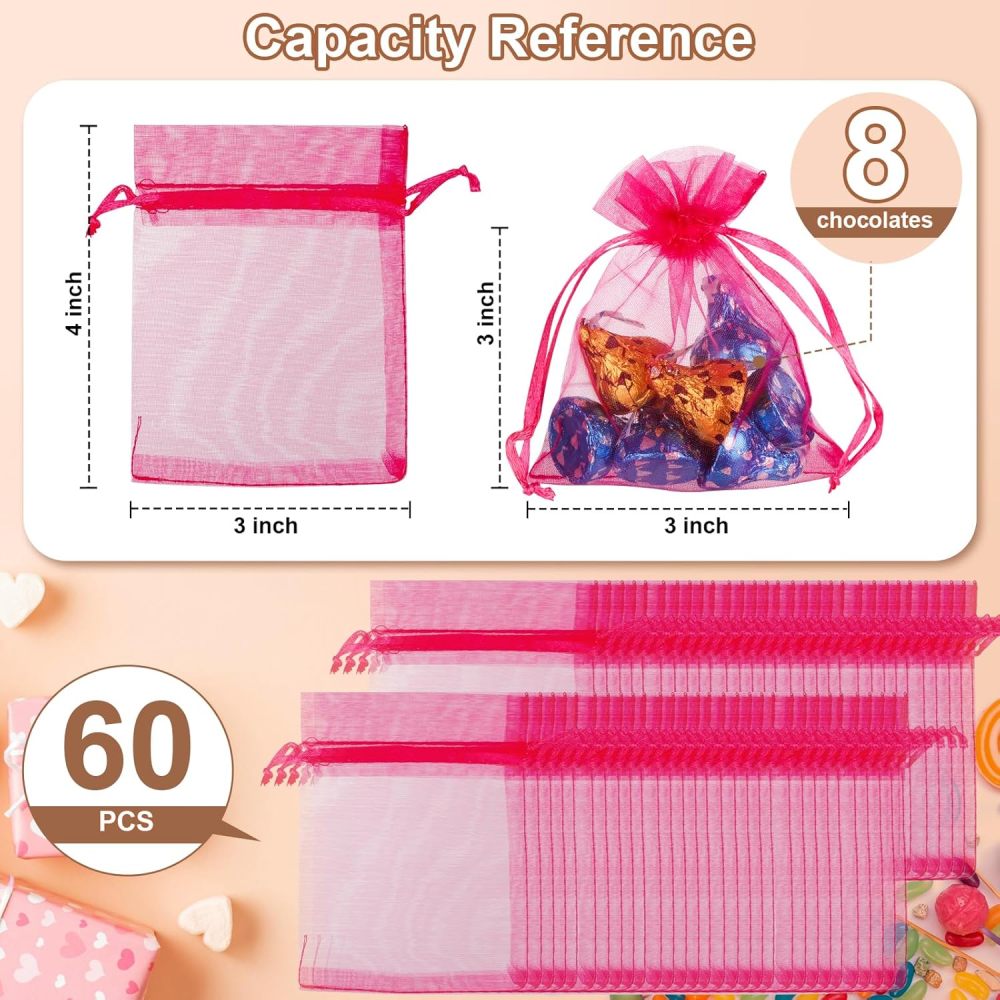 Angooni 60PCS 3x4 Inch Organza Gift Bags for Jewelry Party Wedding Favor, Premium Sheer Gift Drawstring Pouch Candy Bags(Pink)
