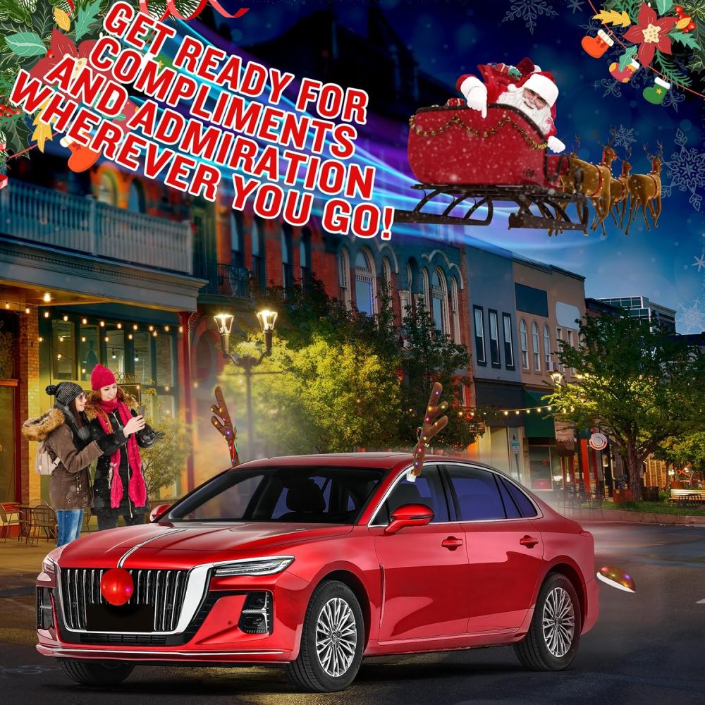 Charming Christmas Car Decoration, Festive Reindeer Car Kit, LED Reindeer Christmas Decoration for Car, Nice Gift for Families & Friends, Suitable for Jeeps, Trucks, Golf Carts...