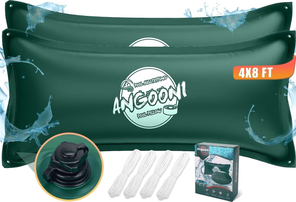 2 Pack 4x8FT Heavy-Duty Green Pool Pillow with Sturdy Ropes - 0.4mm Thick PVC Pool Pillows for Winter with Boston Dual-Inflation Valve - Pool Pillows for Above Ground Pools, No Leakage