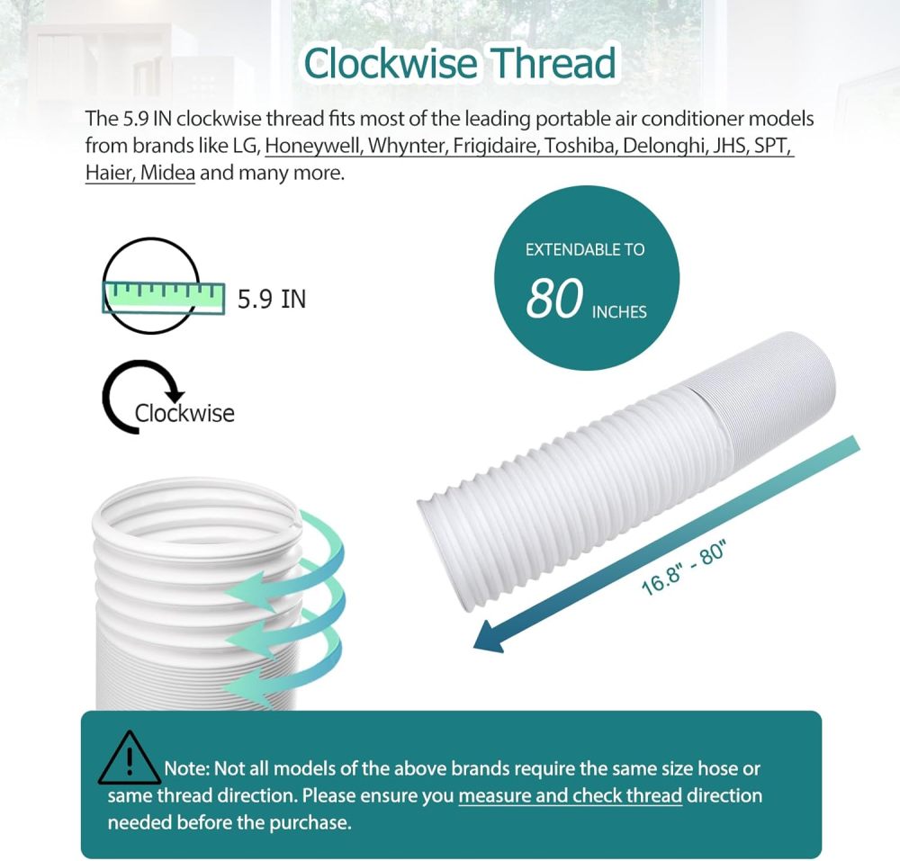 Universal Air Conditioner Exhaust Vent Hose - 5.9inch Diameter, 80" Length, Clockwise Thread AC Hose Replacement for Honeywell, Whynter, Frigidaire, LG, Delonghi Toshiba, Delonghi, JHS