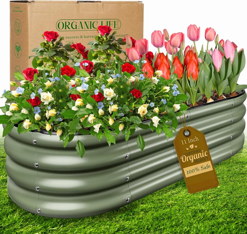 Olive Green 4x2x0.9ft Raised Garden Bed, Deep Metal Garden Bed, Large Galvanized Raised Garden Beds Outdoor, Raised Planter Box Kit for Vegetables, Flowers, Fruits