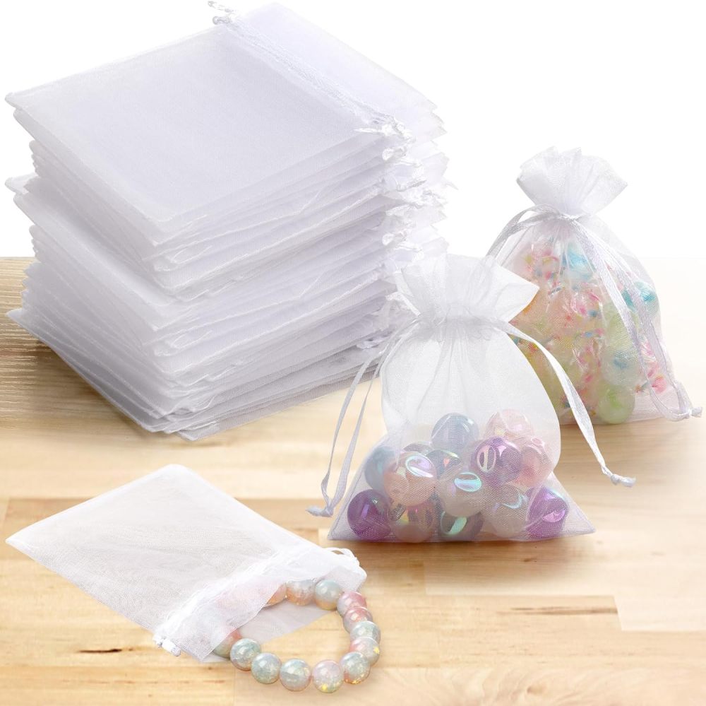 Angooni 60PCS 3x4 Inch Organza Gift Bags for Jewelry Party Wedding Favor, Premium Sheer Gift Drawstring Pouch Candy Bags(White)