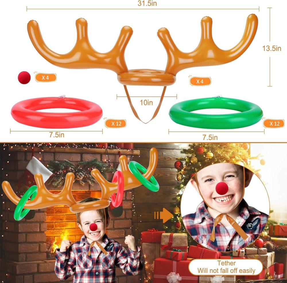 Inflatable Reindeer Antler Ring Toss Game for Christmas Party Supplies - Christmas Reindeer Game with Red Nose, Xmas Target Game Toy