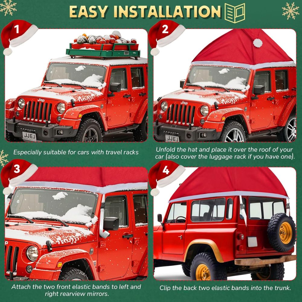 Festive Car Christmas Hat - 79”L x 74”W Christmas Decorations for Car, Cute Christmas Car Accessories Christmas Car Cover, Xmas Santa Claus Hat Decor for Jeeps, Trucks, Golf Carts..