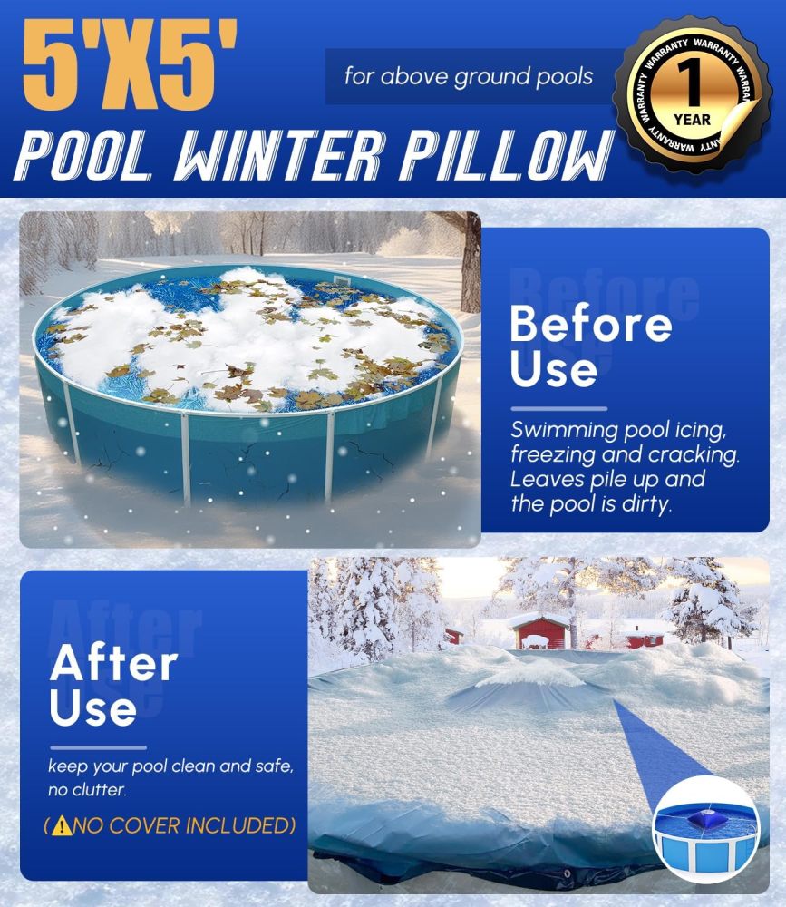 5x5FT Heavy-Duty Pool Pillow with Sturdy Ropes - 0.4mm Thick PVC Pool Pillows for Winter with Boston Dual-Inflation Valve - Pool Closing Pillow for Above Ground Pools, No Leakage