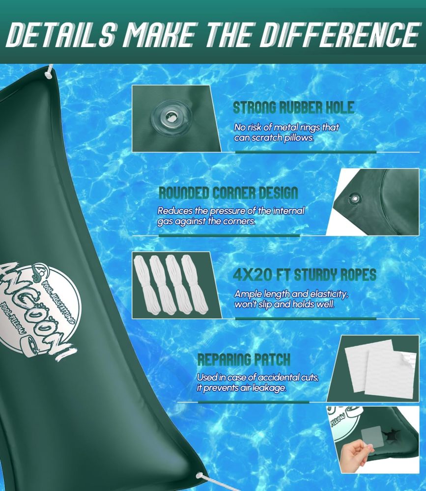 2 Pack 4x8FT Heavy-Duty Green Pool Pillow with Sturdy Ropes - 0.4mm Thick PVC Pool Pillows for Winter with Boston Dual-Inflation Valve - Pool Pillows for Above Ground Pools, No Leakage