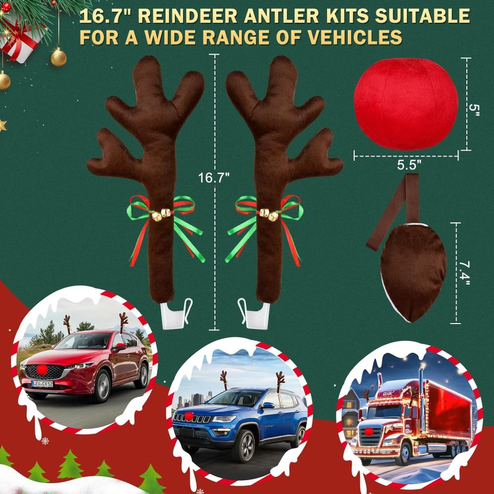 16.7 Inch Dark Brown Christmas Reindeer Car Kit - Christmas Reindeer Car Kit with 4 Adorable Car Seat Santa Hat, Christmas Decorations for Car Perfect for Various Car Models