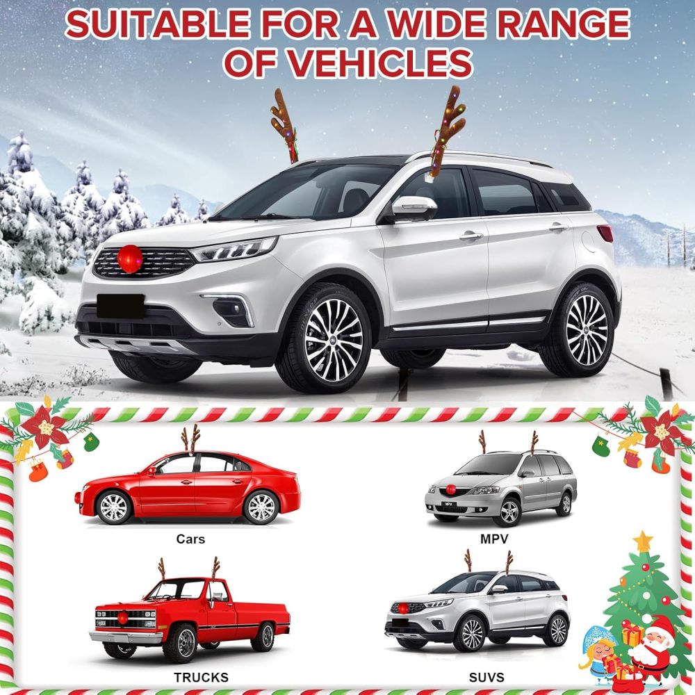 Charming Christmas Car Decoration, Festive Reindeer Car Kit, Car Reindeer Antlers & Nose, Christmas Lights for Car, Nice Gift for Families & Friends, Suitable for Jeeps, Trucks, Golf Carts...