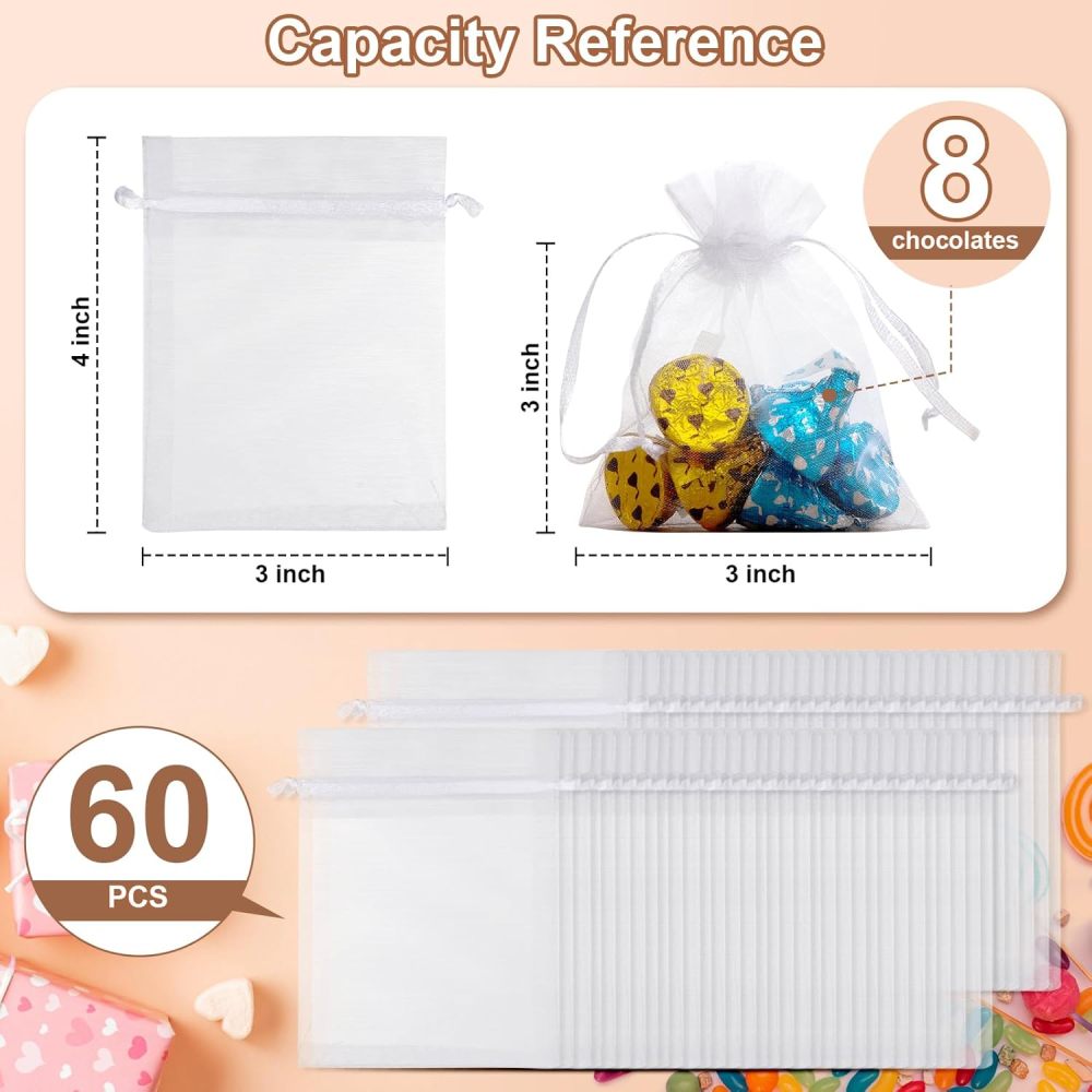 Angooni 60PCS 3x4 Inch Organza Gift Bags for Jewelry Party Wedding Favor, Premium Sheer Gift Drawstring Pouch Candy Bags(White)