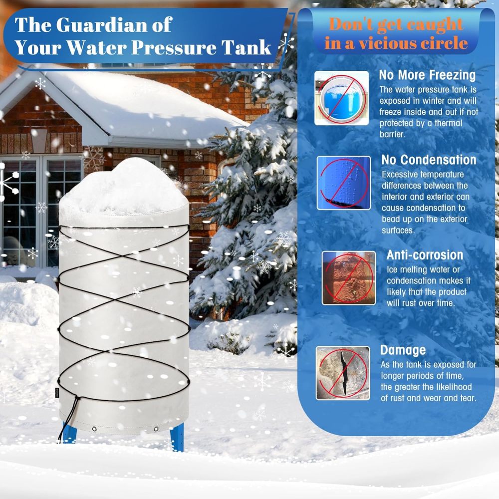 Insulated Well Pressure Tank Cover Aluminum Foil (5℉) - 28"W x 44"H Industrial 600D Outdoor Well Water Tank Insulation Blanket, Anti-UV Winter-Freeze Water Well Pump Cover, Gray