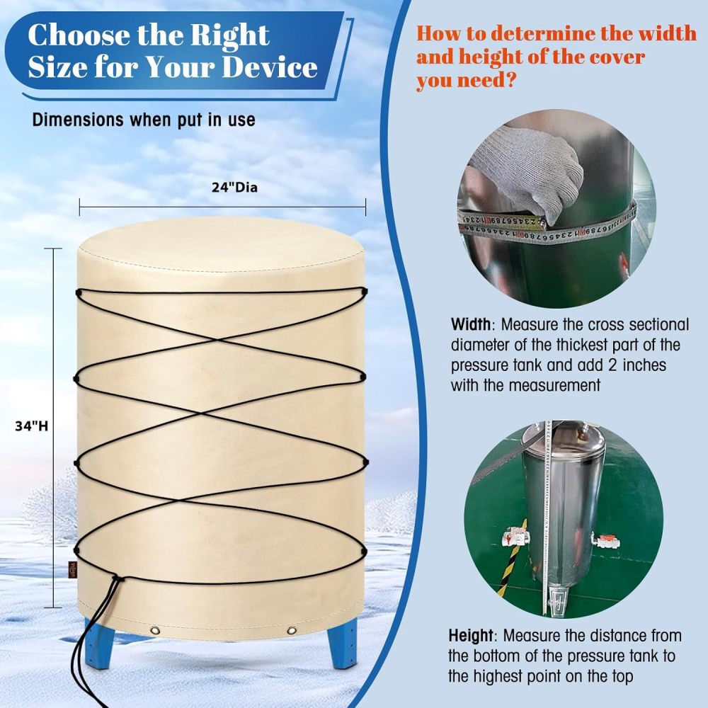 Insulated Well Pressure Tank Cover Aluminum Foil (5℉) - 24"W x 34"H Industrial 600D Outdoor Well Water Tank Insulation Blanket, Anti-UV Winter-Freeze Water Well Pump Cover, Beige